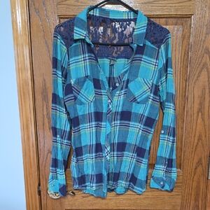 Vanity Teal and Navy Plaid Button-Down Shirt with Lace Yoke